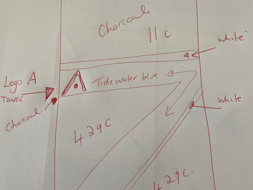 Towel design sketch in red pen with colour notes and the logo placement