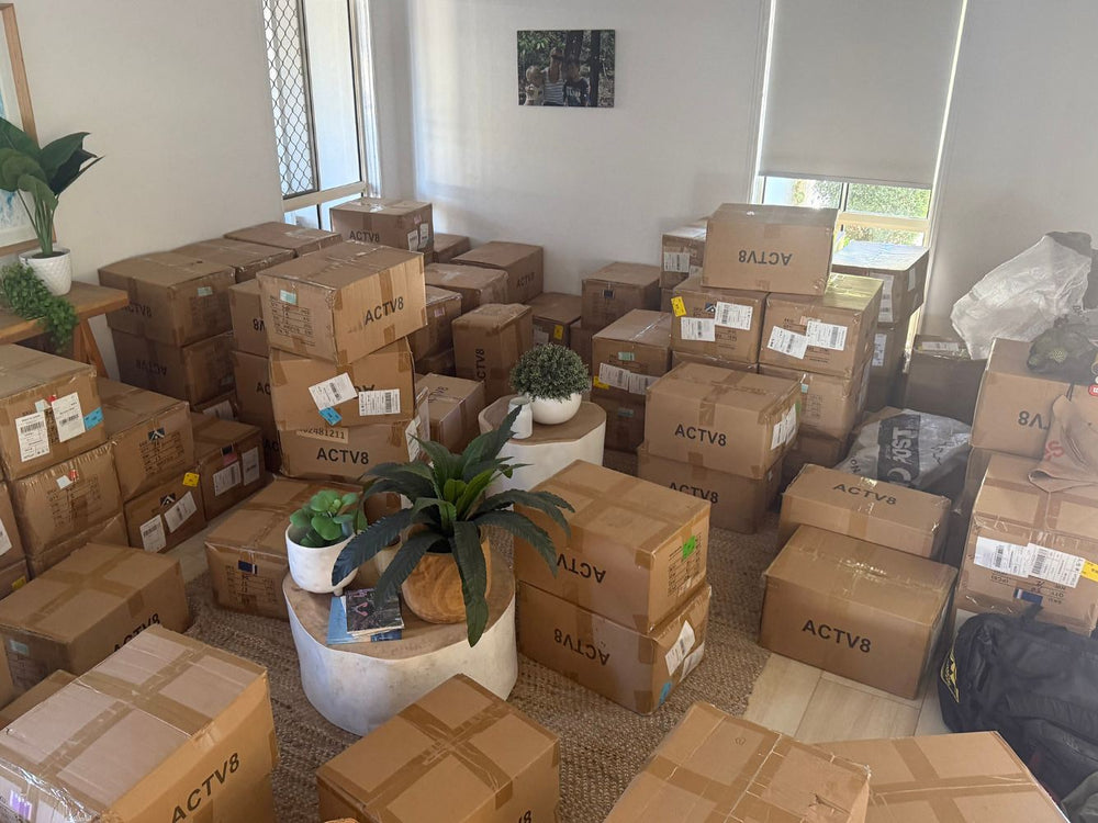 A room at home filled with cartons of Actv8 stock