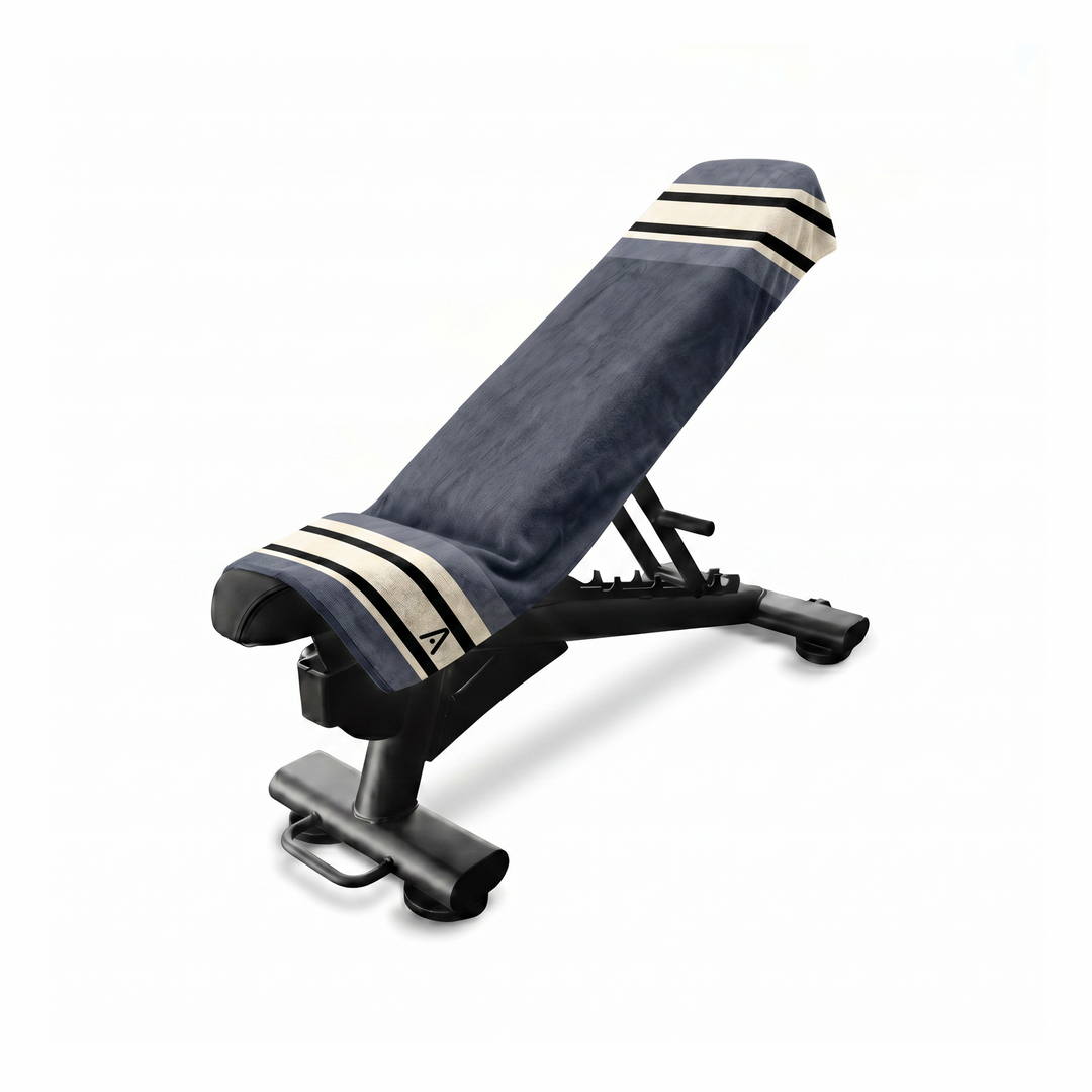 The Mini Gym Towel Alloy on bench — 3D mockup