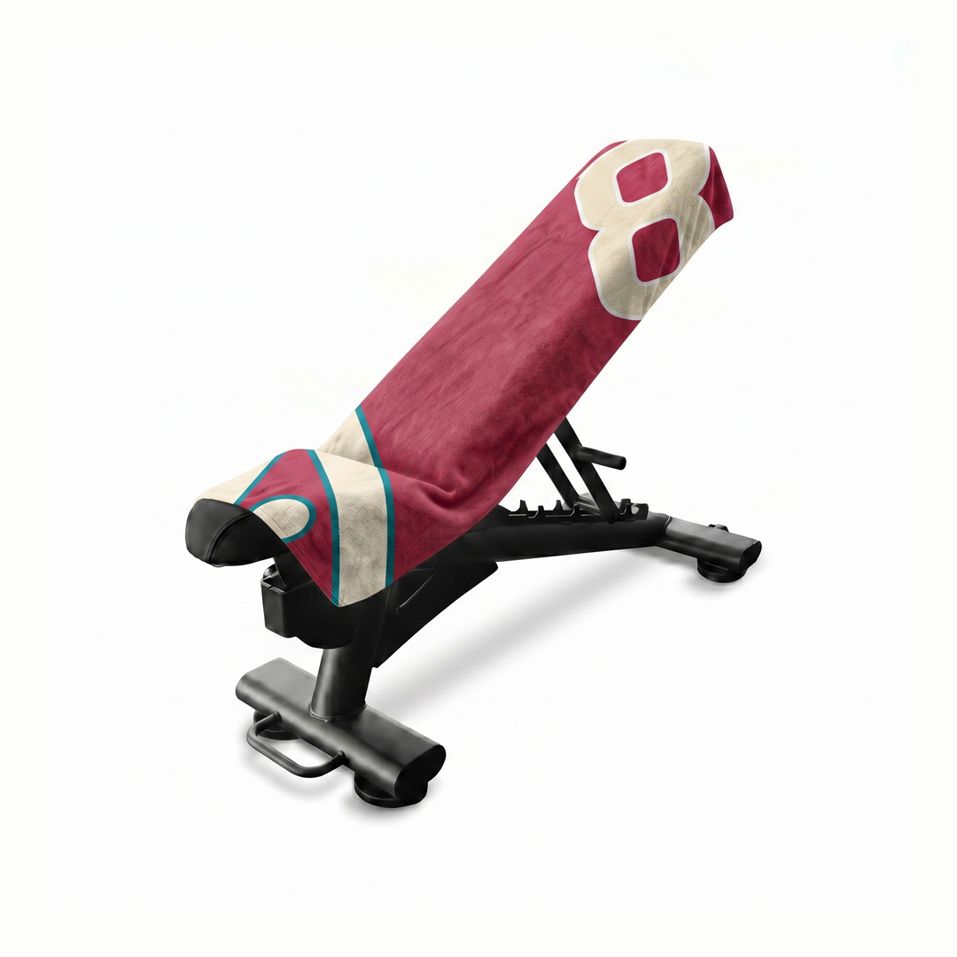 The Mini Gym Towel Verve on bench — 3D mockup