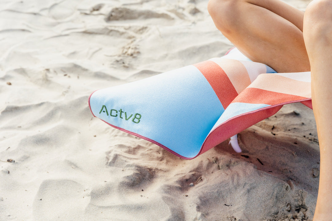 Highly absorbent, quick dry, Sand repellent, Lightweight, Australian owned & designed, Made from 8 recycled bottles, Car Hooded, zipped accessory pocket, premium beach towel, gym towel.