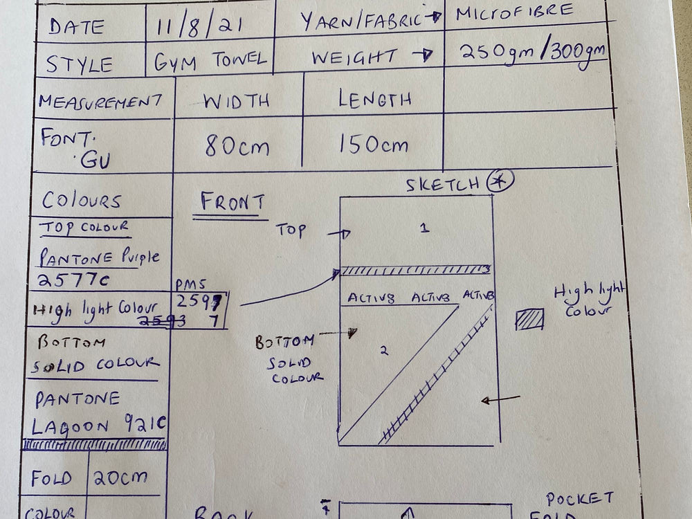 Hand-drawn spec sheet for an early microfibre towel, with sizes, weights and Pantone colours